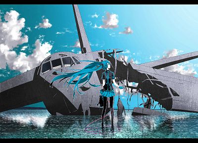 headphones, water, clouds, aircraft, Vocaloid, gloves, Hatsune Miku, blue eyes, tie, wind, skirts, long hair, outdoors, blue hair, wrecks, Love is War, pantyhose, twintails, shirts, ahoge, profile, anime girls, armbands, cables, megaphones, hair ornaments - related desktop wallpaper