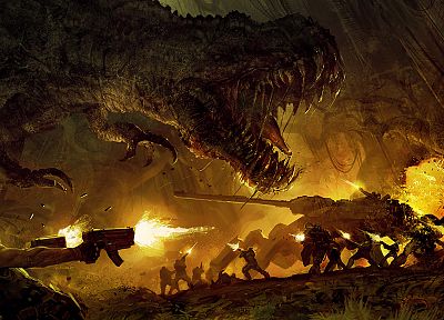 military, fire, dinosaurs, weapons, Turok, fantasy art, artwork - duplicate desktop wallpaper