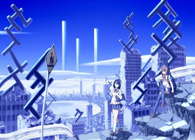 blue, cityscapes, buildings, anime - desktop wallpaper