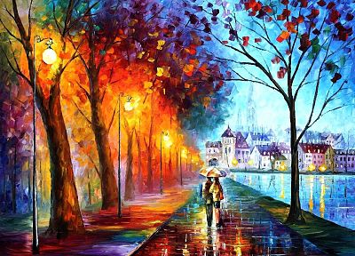 trees, cityscapes, rain, houses, couple, Leonid Afremov, artwork, parks, umbrellas, rivers - random desktop wallpaper