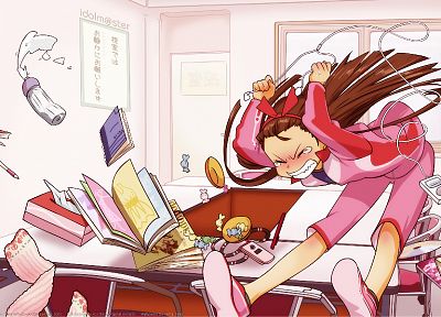 headphones, brunettes, music, iPod, books, anime, anime girls, Minase Iori, Idolmaster - related desktop wallpaper