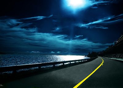 ocean, landscapes, night, moonlight, roads - random desktop wallpaper