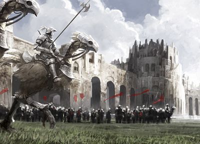 clouds, castles, birds, knights, armor, Chocobo, riding, Chocobo Knight - random desktop wallpaper