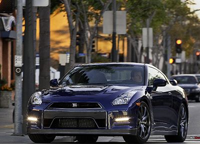 blue, cityscapes, cars, Nissan, Dark blue, Nissan Skyline GT-R, Nissan GT-R R35, front angle view - related desktop wallpaper