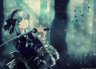 women, blue eyes, katana, weapons, anime, white hair, swords, dark lady, fur cap - related desktop wallpaper