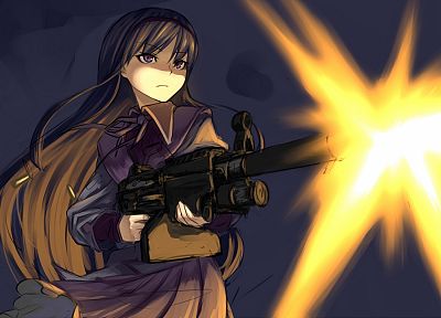 brunettes, guns, weapons, Mahou Shoujo Madoka Magica, anime, Akemi Homura, purple eyes, simple background, anime girls, M249, muzzle flash - desktop wallpaper
