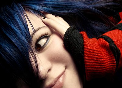 women, blue hair, smiling, faces, sweaters, hands on checks, pullover - desktop wallpaper