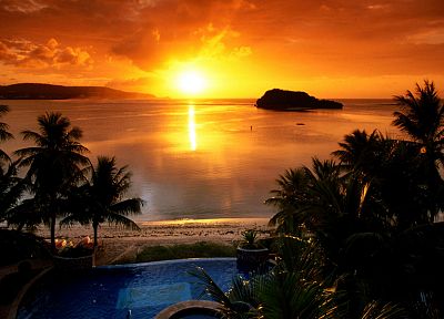 sunset, sunrise, Sun, palm trees, swimming pools - related desktop wallpaper