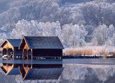winter, snow, trees, houses, lakes, reflections - desktop wallpaper