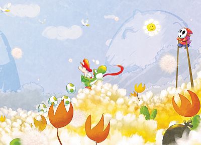 eggs, flowers, Mario, Yoshi, Shy Guy - desktop wallpaper