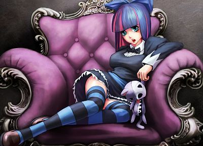 blue eyes, long hair, blue hair, Panty and Stocking with Garterbelt, bows, anime, pumps, anime girls, Anarchy Stocking, striped legwear - related desktop wallpaper