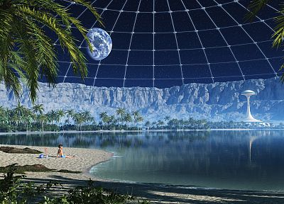 outer space, futuristic, palm trees, beaches - desktop wallpaper