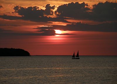 sunset, clouds, boats, vehicles - desktop wallpaper