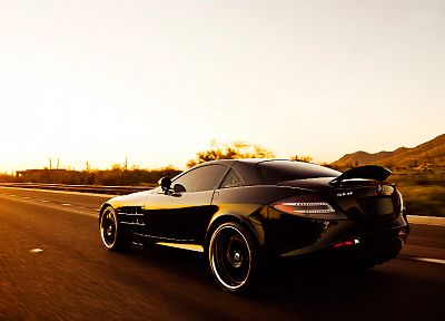 cars, sunlight, roads, vehicles, black cars, speed, automobiles, Mercedes-Benz SLR McLaren, Mercedes Benz, rear angle view - desktop wallpaper