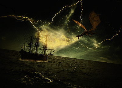 dragons, storm, ships, artwork - desktop wallpaper