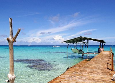 piers, islands, boats, French Polynesia, sea - desktop wallpaper