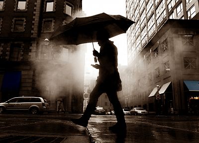 steam, streets, rain, low-angle shot, cities - desktop wallpaper