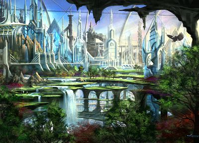 cityscapes, futuristic, garden, fantasy art, waterfalls - random desktop wallpaper
