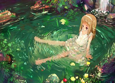 leaves, ponds, artwork, anime girls - related desktop wallpaper