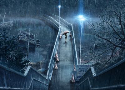 rain, bridges, lonely, scenic, anime, umbrellas - random desktop wallpaper