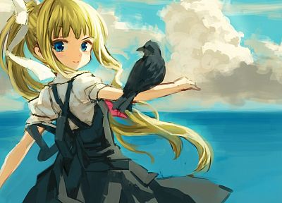blondes, ocean, birds, Kamio Misuzu, anime, Air (anime), children - desktop wallpaper
