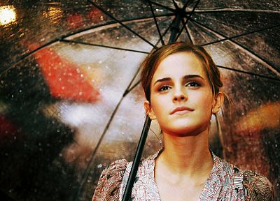 women, Emma Watson, rain, actress, celebrity, umbrellas - desktop wallpaper