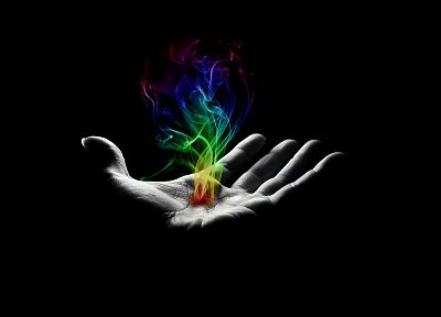 flames, black, palm, hands, rainbows, black background - desktop wallpaper