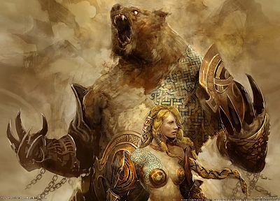 blondes, women, video games, Guild Wars, artwork, warriors, bears, chains - related desktop wallpaper