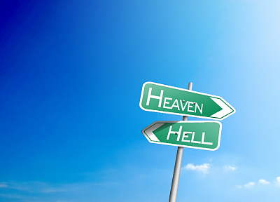 signs, Hell, Heaven, blue background - desktop wallpaper
