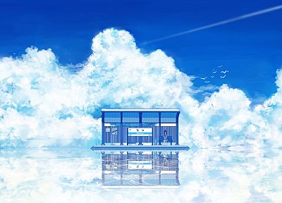 clouds, train stations, anime, anime girls, original characters - desktop wallpaper