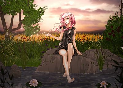 water, clouds, nature, trees, dress, flowers, rocks, long hair, sparkles, ponds, plants, barefoot, pink hair, red eyes, twintails, black dress, lily pads, skyscapes, bushes, Guilty Crown, hair ornaments, Yuzuriha Inori, water lilies - related desktop wallpaper