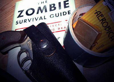 guns, weapons, books, zombie survival sheet - desktop wallpaper