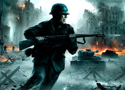 soldiers, guns, fire, smoke, weapons, tanks, World War II, panzer, digital art, German, barbed wire - desktop wallpaper
