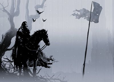 skulls, flags, horses, digital art, warriors - desktop wallpaper