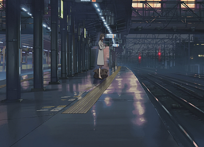 Makoto Shinkai, train stations, power lines, 5 Centimeters Per Second, artwork, anime, railway - related desktop wallpaper