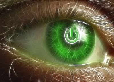 green, eyes, Fractalius, power button - desktop wallpaper