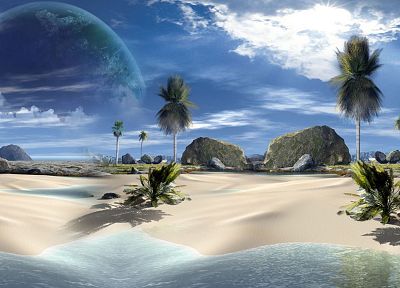 landscapes, trees, planets, tropical, 3D renders, beaches - related desktop wallpaper