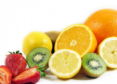 fruits, kiwi, oranges, strawberries, orange slices, lemons, white background, meal - desktop wallpaper