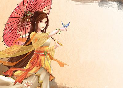 cartoons, women, Asians, artwork, drawings, anime, umbrellas, butterflies - random desktop wallpaper