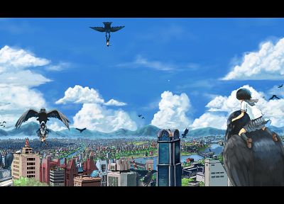 clouds, wings, cityscapes, birds, skirts, seifuku, skyscapes - related desktop wallpaper