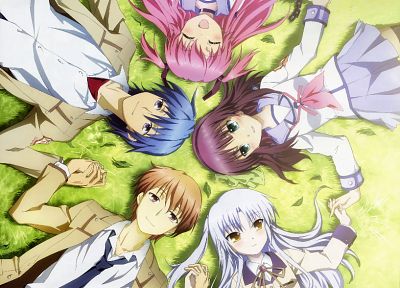 Angel Beats!, grass, shadows, Tachibana Kanade, smiling, Nakamura Yuri, Yuzuru Otonashi, Yui (Angel Beats), Hideki Hinata - random desktop wallpaper