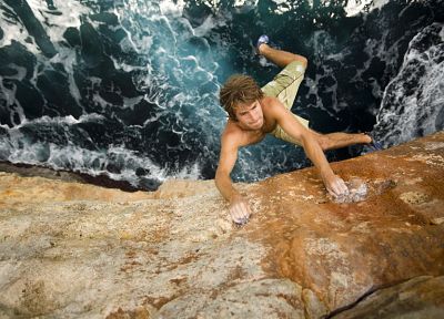 water, cliffs, Chris Sharma, rock climbing - desktop wallpaper