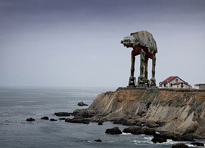 Star Wars, sad, lighthouses, AT-AT, Point Conception, photo manipulation, sea - related desktop wallpaper
