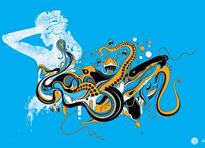 women, abstract, ocean, octopuses, jellyfish, dolphins - desktop wallpaper