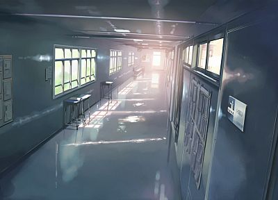 school, Makoto Shinkai, hallway, 5 Centimeters Per Second, artwork - duplicate desktop wallpaper