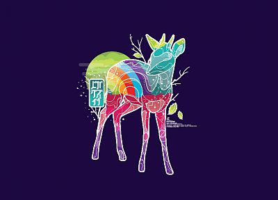 animals, leaves, deer, artwork, purple background - related desktop wallpaper