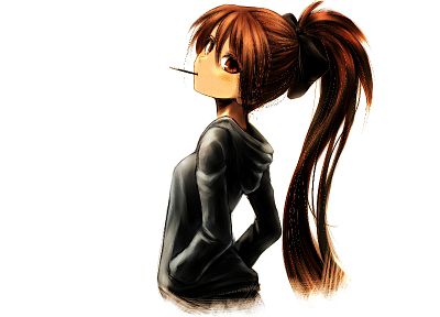 brunettes, white, long hair, brown eyes, Pocky, Mahou Shoujo Madoka Magica, Sakura Kyouko, ponytails, simple background, anime girls - desktop wallpaper