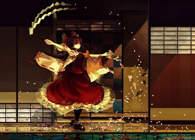 brunettes, video games, Touhou, dress, houses, long hair, ribbons, brown eyes, pantyhose, Miko, Hakurei Reimu, bows, red dress, flower petals, reflections, Japanese clothes, gohei, detached sleeves, ofuda, hair ornaments - related desktop wallpaper
