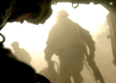 soldiers, guns, army, dust, low-angle shot - random desktop wallpaper