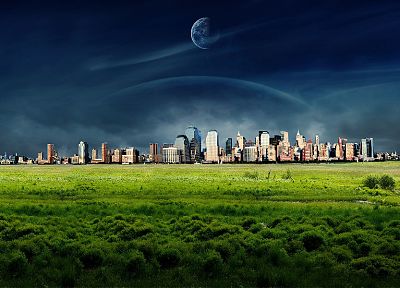 fantasy, planets, grass, fields, cities - related desktop wallpaper